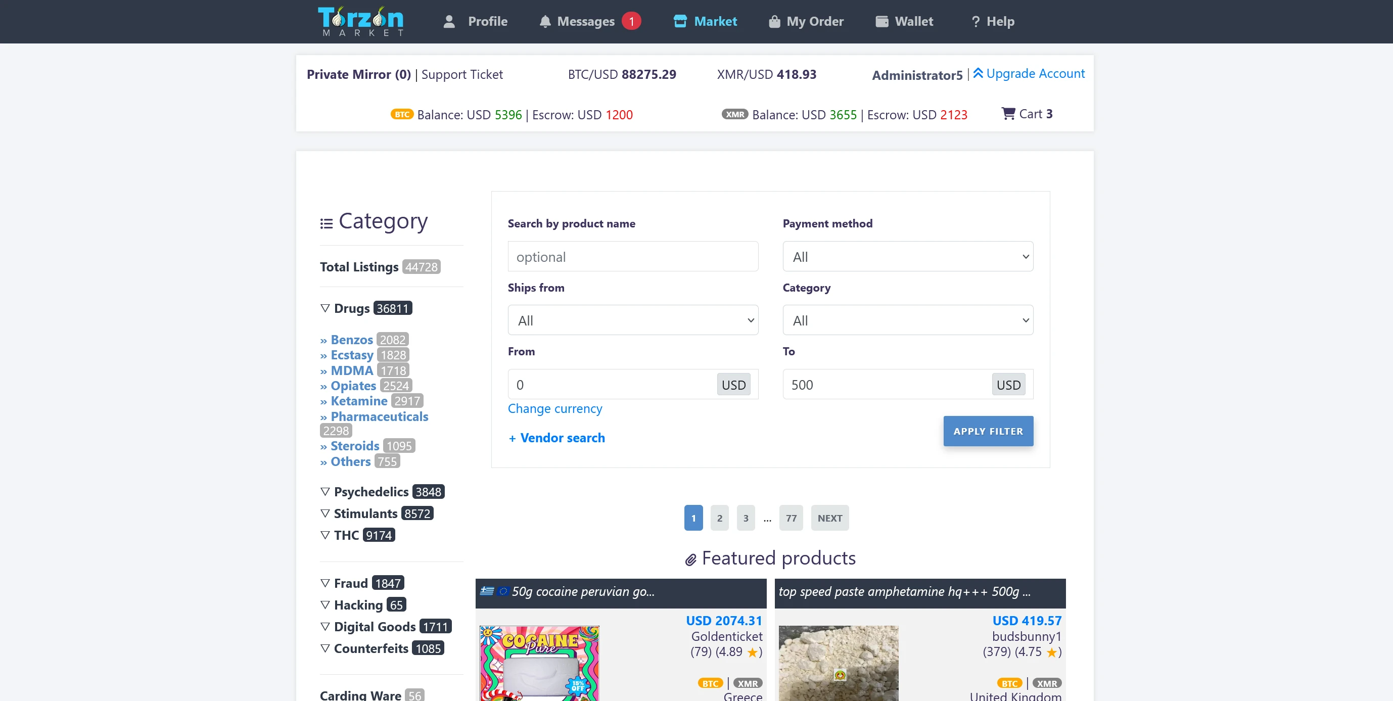 Torzon Market interface preview — browse 20,000+ products with Bitcoin and Monero on the TOR network